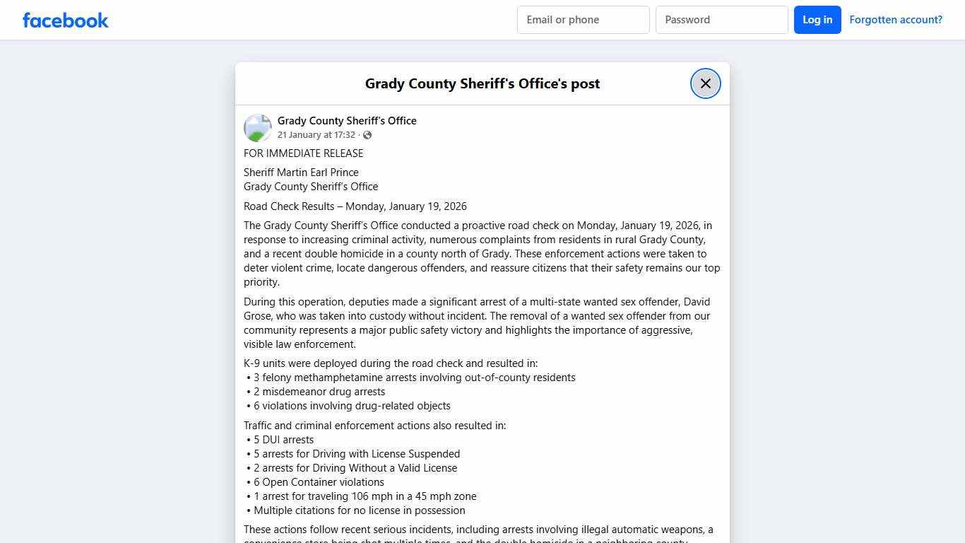FOR IMMEDIATE RELEASE... - Grady County Sheriff's Office Facebook